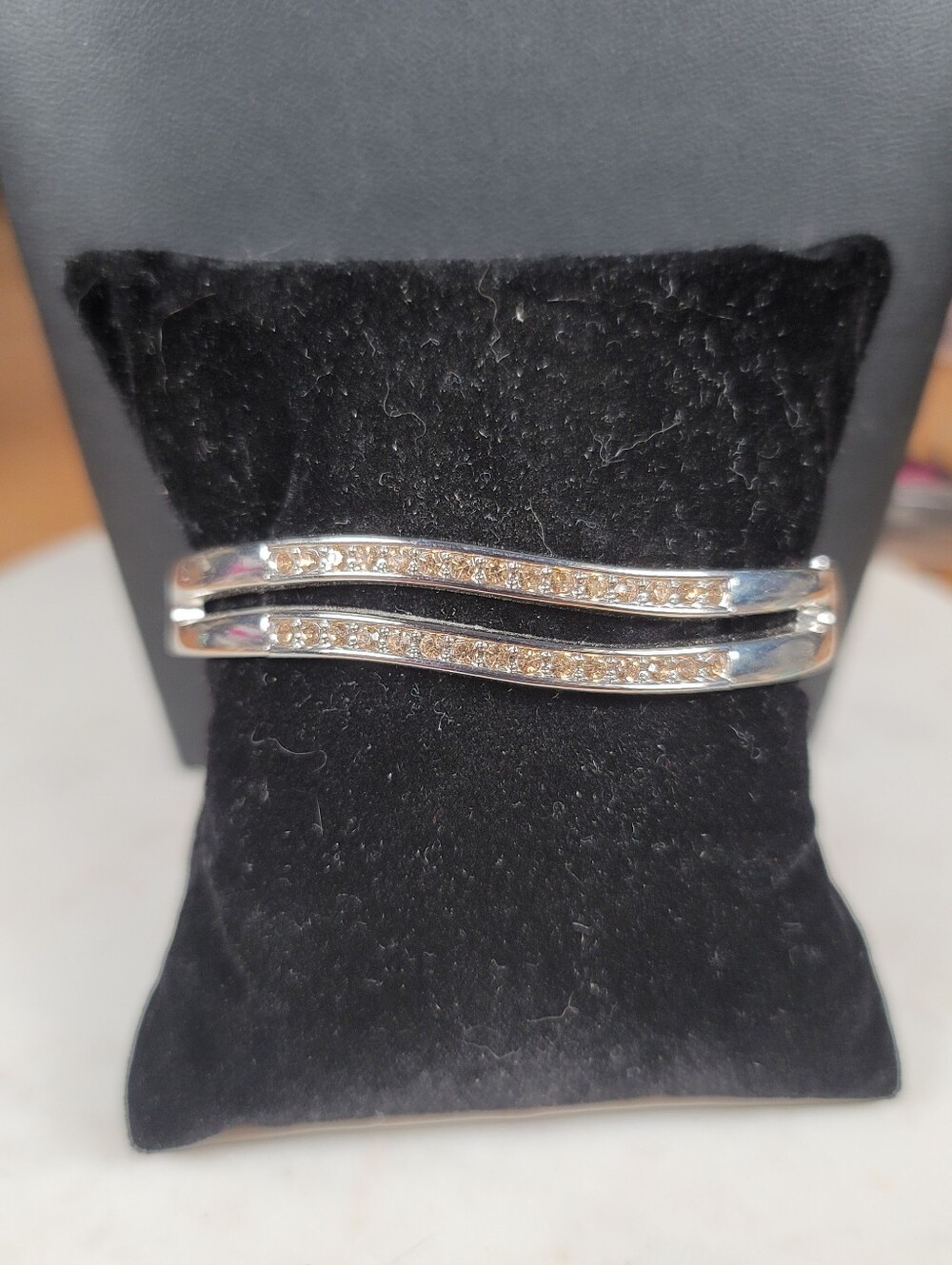 paparazzi Silver-Tone Double Wave Champagne Crystal Hinged Bangle